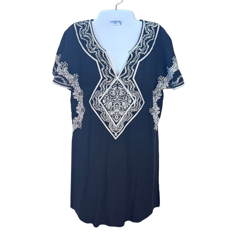 THML Black Mini Dress White Embroidery Short Sleeve Boho Beachy Lightweight Sz S
